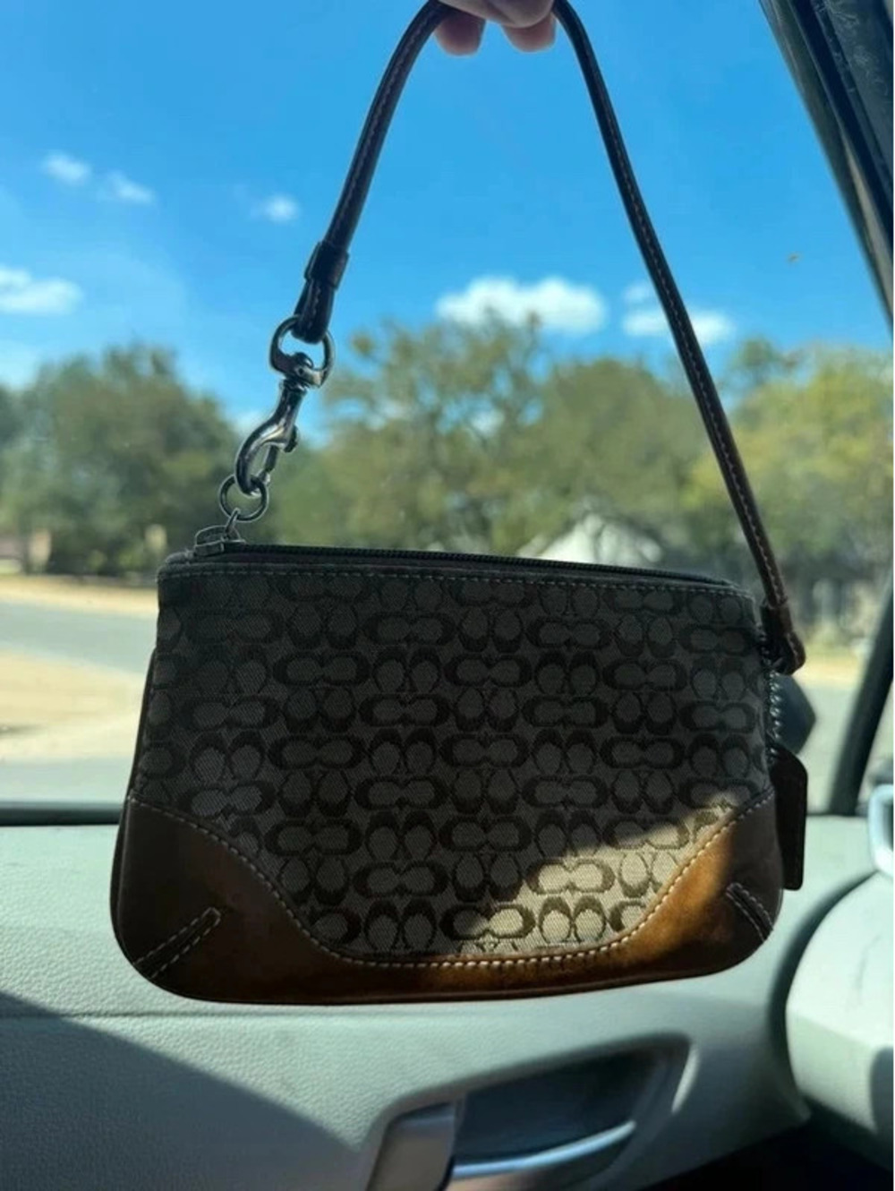 Coach Signature Jacquard Brown Leather Y2K Mini Shoulder Bag Wristlet Purse